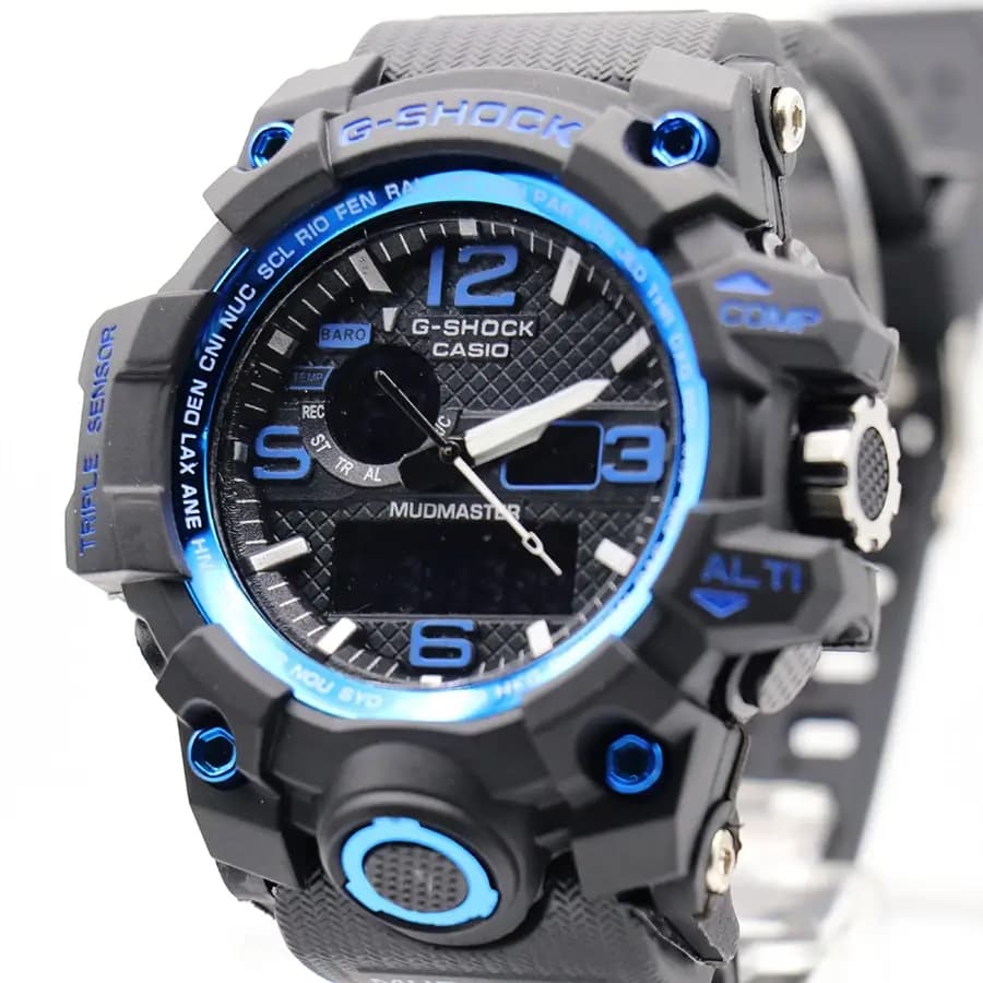 ساعت مردانه CASIO G-SHOCK مشکی آبی، صفحه آنالوگ-دیجیتال، بند رابر مشکی، قاب گرد، نور پس‌زمینه و تقویم، موتور کوارتز، قفل سگکی دو پین مدل GWG-1000 — تصویر ۴