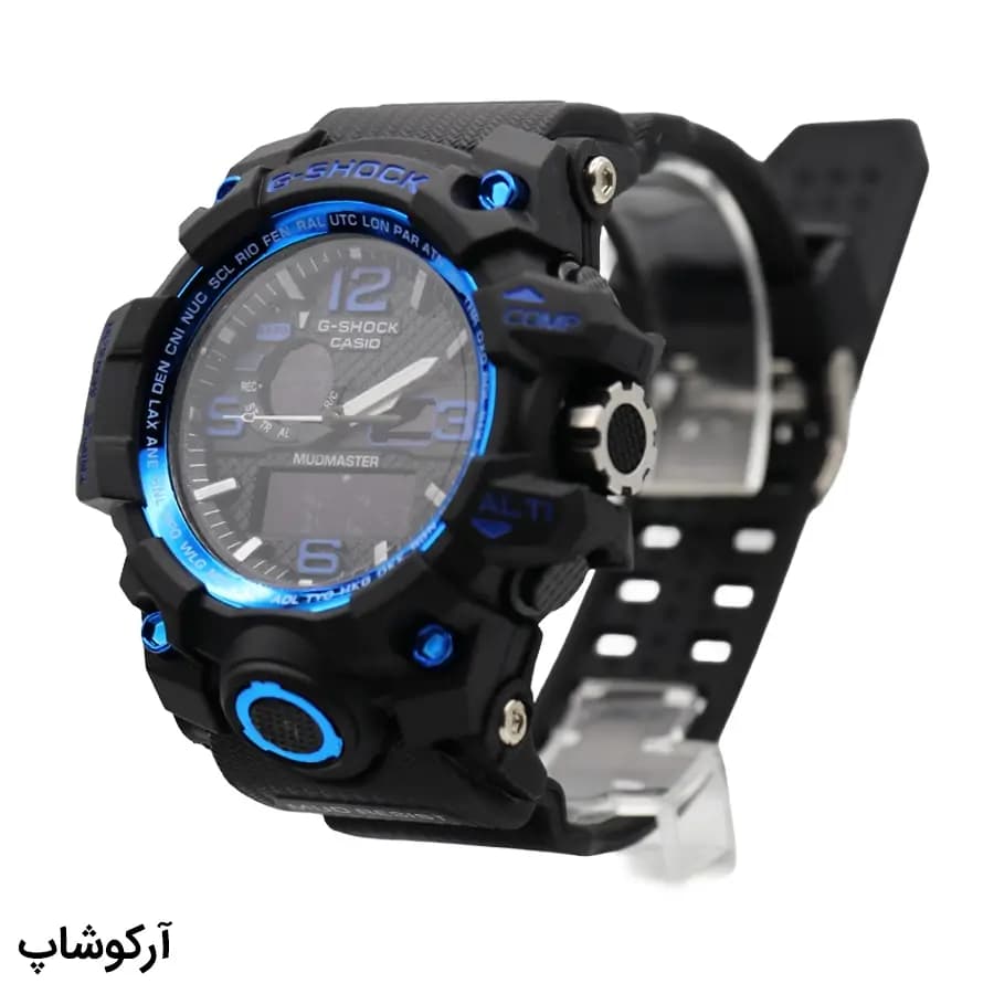 ساعت مردانه CASIO G-SHOCK مشکی آبی، صفحه آنالوگ-دیجیتال، بند رابر مشکی، قاب گرد، نور پس‌زمینه و تقویم، موتور کوارتز، قفل سگکی دو پین مدل GWG-1000 — تصویر ۲