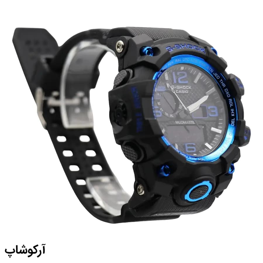 ساعت مردانه CASIO G-SHOCK مشکی آبی، صفحه آنالوگ-دیجیتال، بند رابر مشکی، قاب گرد، نور پس‌زمینه و تقویم، موتور کوارتز، قفل سگکی دو پین مدل GWG-1000 — تصویر ۳
