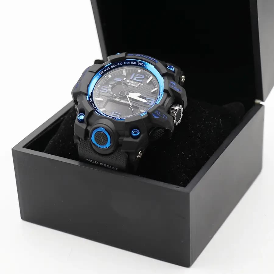 ساعت مردانه CASIO G-SHOCK مشکی آبی، صفحه آنالوگ-دیجیتال، بند رابر مشکی، قاب گرد، نور پس‌زمینه و تقویم، موتور کوارتز، قفل سگکی دو پین مدل GWG-1000 — تصویر ۸