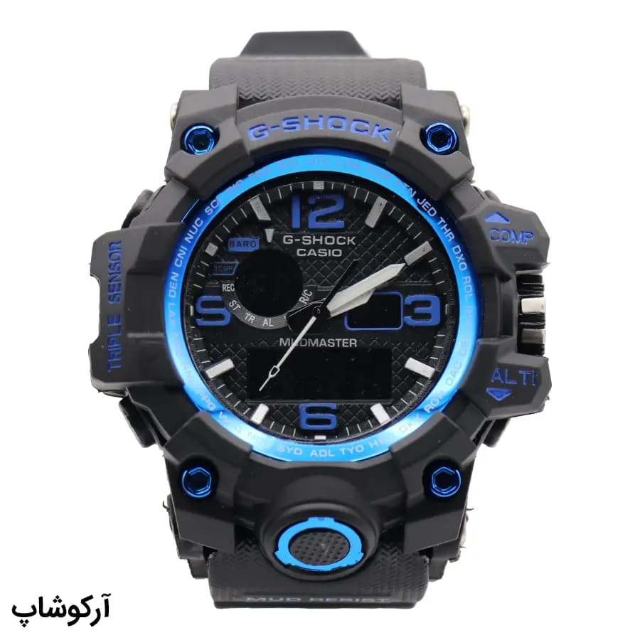 ساعت مردانه CASIO G-SHOCK مشکی آبی، صفحه آنالوگ-دیجیتال، بند رابر مشکی، قاب گرد، نور پس‌زمینه و تقویم، موتور کوارتز، قفل سگکی دو پین مدل GWG-1000