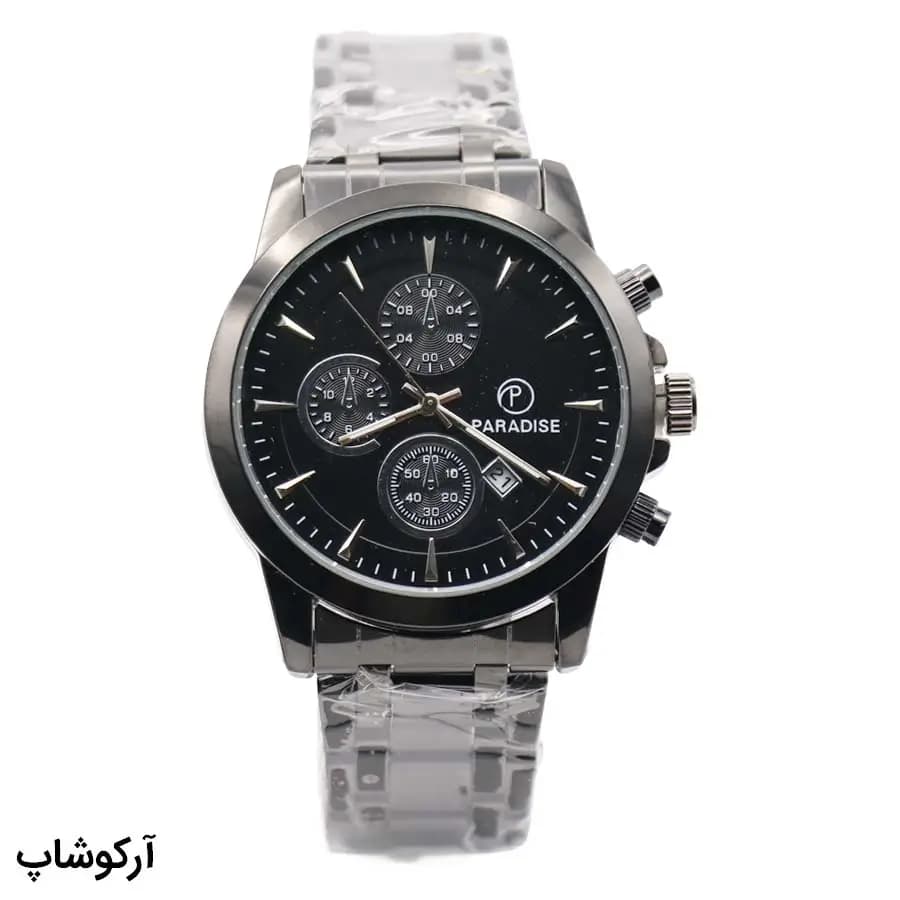 ساعت مردانه Paradise مشکی، صفحه مشکی گرد طرح کرنوگراف، بند فلزی مشکی، نمایش تاریخ، موتور کوارتز، قفل تاشو مدل PD-2240