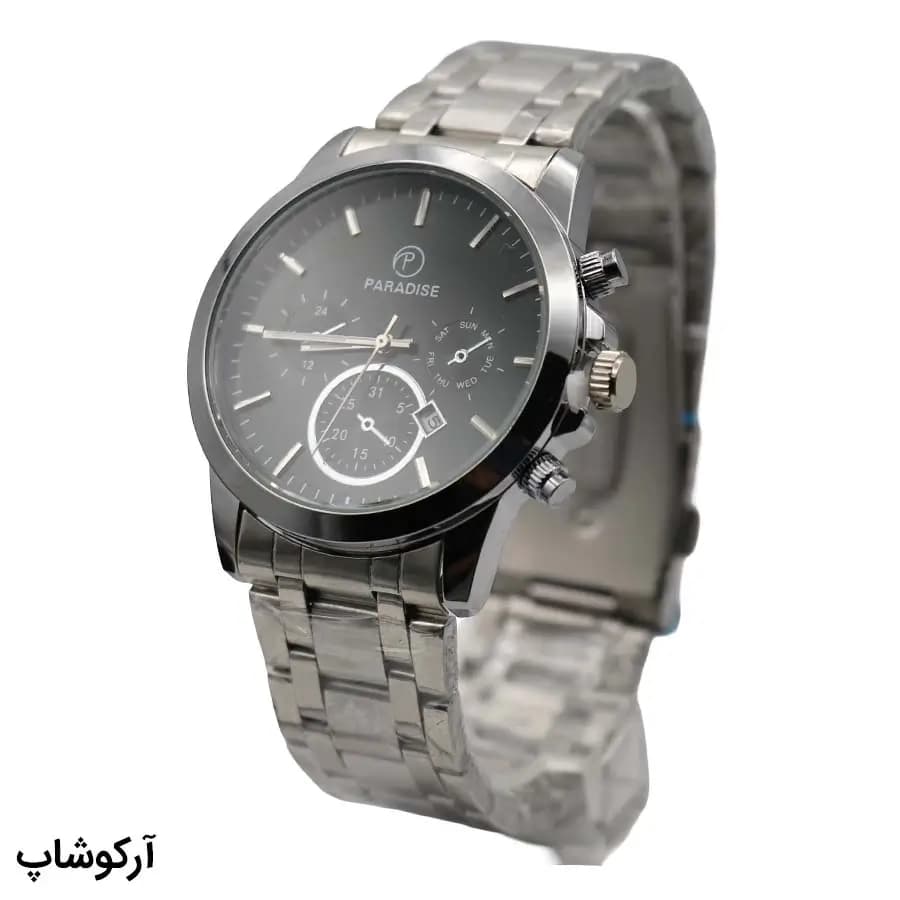 ساعت مردانه Paradise نقره‌ای، صفحه سبز تیره طرح کرنوگراف، بند فلزی نقره‌ای، قاب گرد، نمایش تاریخ، موتور کوارتز، قفل تاشو مدل PD-2238 — تصویر ۲