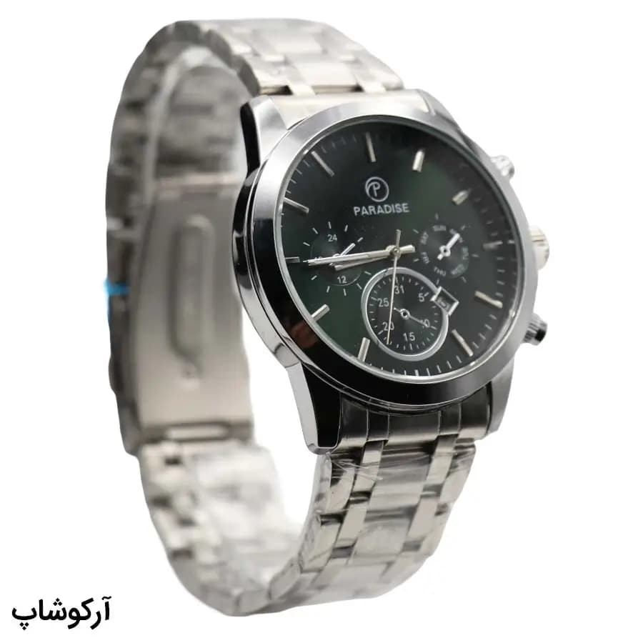ساعت مردانه Paradise نقره‌ای، صفحه سبز تیره طرح کرنوگراف، بند فلزی نقره‌ای، قاب گرد، نمایش تاریخ، موتور کوارتز، قفل تاشو مدل PD-2238 — تصویر ۳