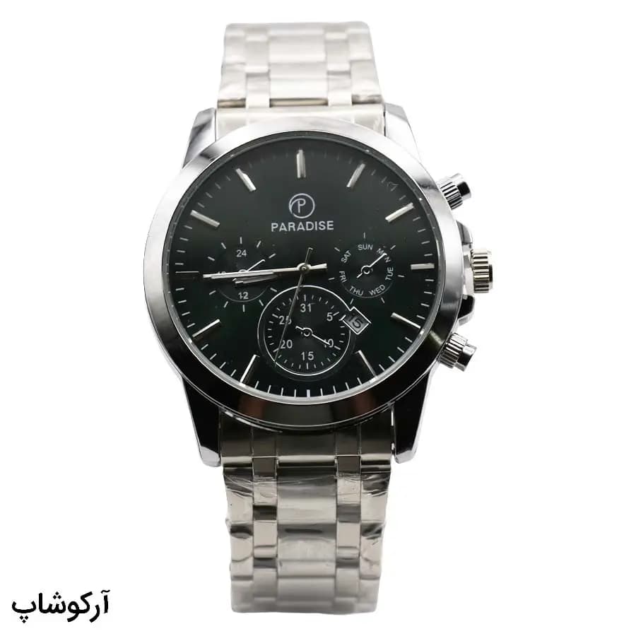 ساعت مردانه Paradise نقرهای، صفحه سبز تیره طرح کرنوگراف، بند فلزی نقرهای، قاب گرد، نمایش تاریخ، موتور کوارتز، قفل تاشو مدل PD-2238
