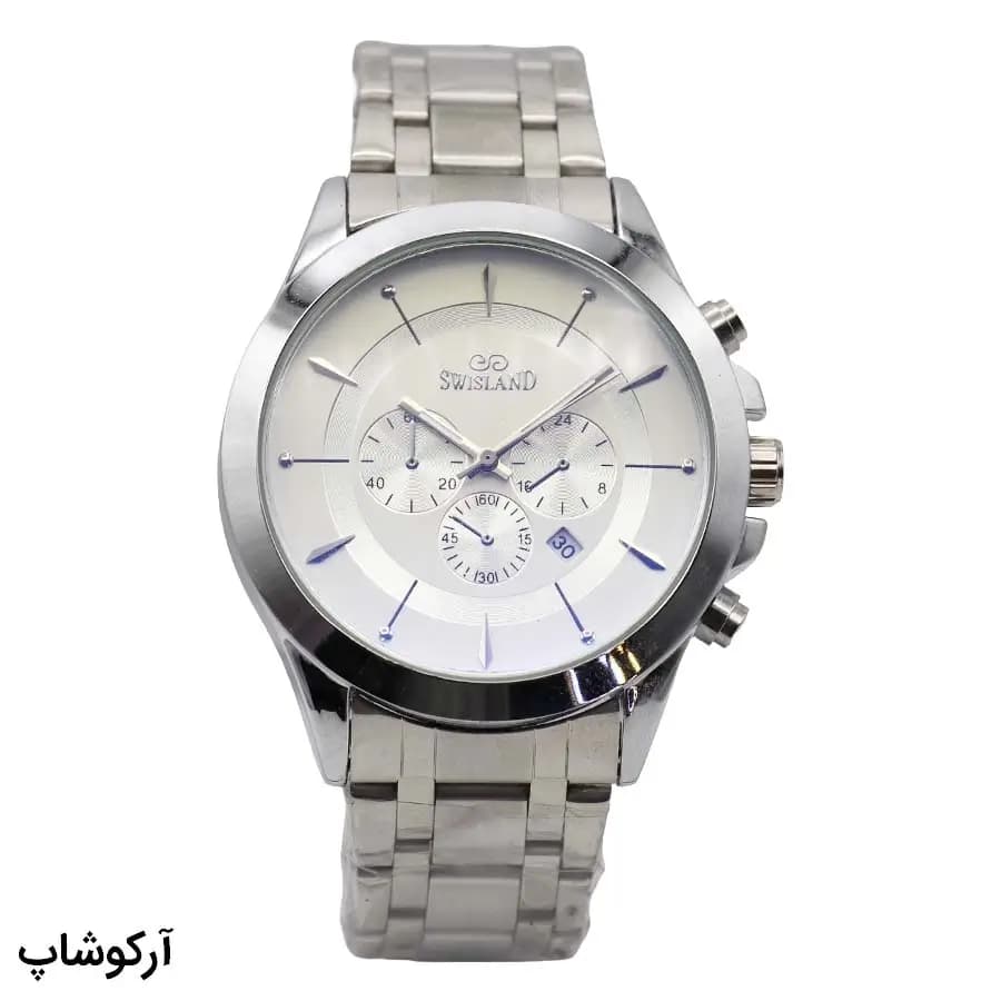 ساعت مردانه SWISLAND نقره‌ای، صفحه سفید طرح کرنوگراف، بند فلزی نقره‌ای، قاب گرد، نمایش تاریخ، موتور کوارتز، قفل تاشو مدل K6829G
