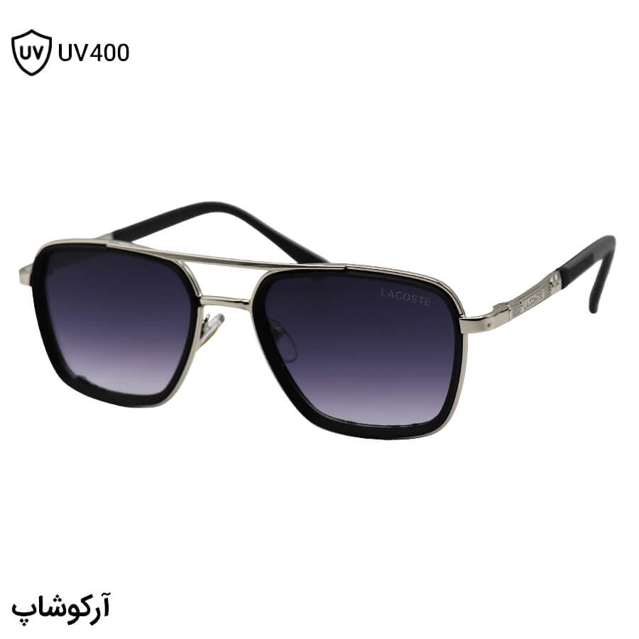 عینک آفتابی لاگوست با فریم نقره‌ای رنگ، شکل مربعی، دسته فنردار و لنز دودی سایه روشن مدل 8075
