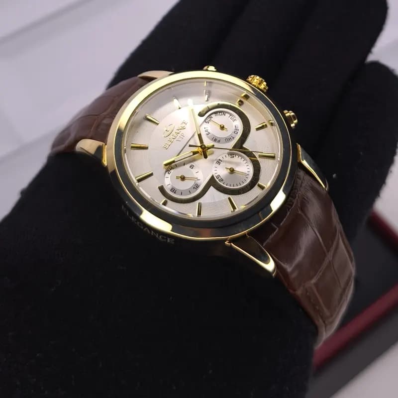 ساعت مچی مردانه چرم الگانس موتور ژاپن قهوه ای طلایی نقره ای مدل 1186G (سه موتوره) — تصویر ۴