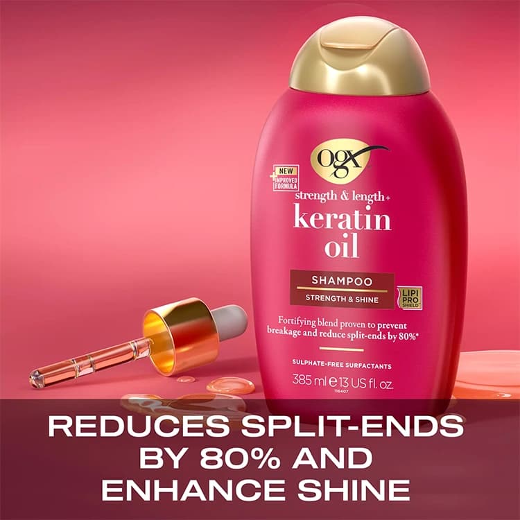 شامپو ogx مدل Anti Breakage Keratin Oil حجم 385 میلی لیتر — تصویر ۴