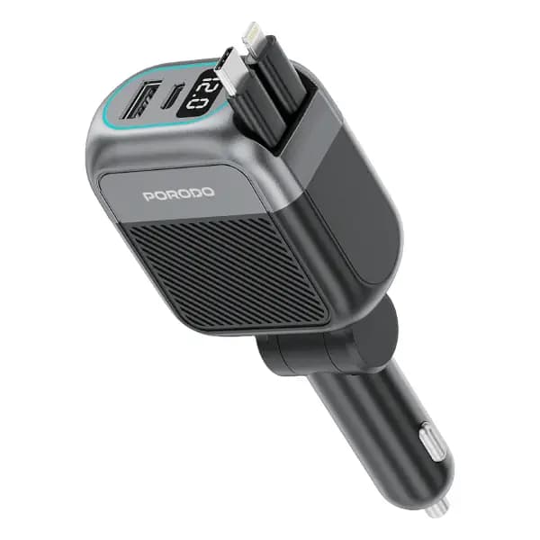شارژر فندکی چندپورت پرودو مدل Porodo Spider Multi-Port USB Car Charger with USB-C to USB-C & Lightning Cable