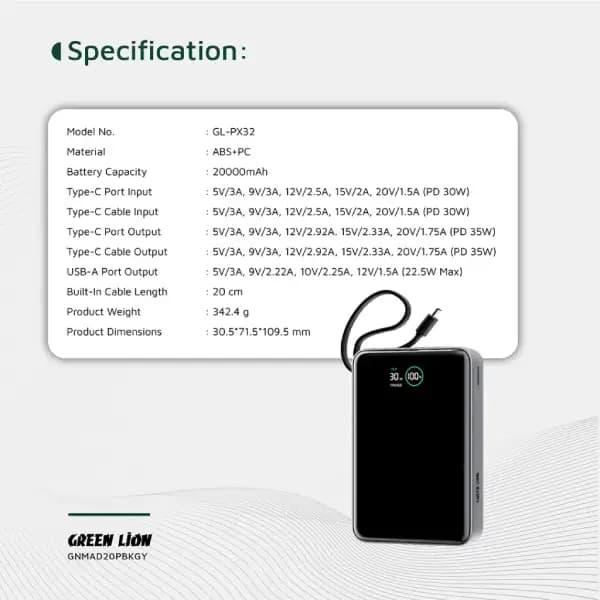 پاوربانک 20000 هزار 35 وات گرین لاین مدل Green Lion Madrid 20 Power Bank 20000mAh PD 35W — تصویر ۲
