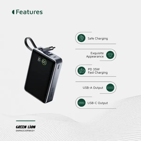 پاوربانک 20000 هزار 35 وات گرین لاین مدل Green Lion Madrid 20 Power Bank 20000mAh PD 35W — تصویر ۶