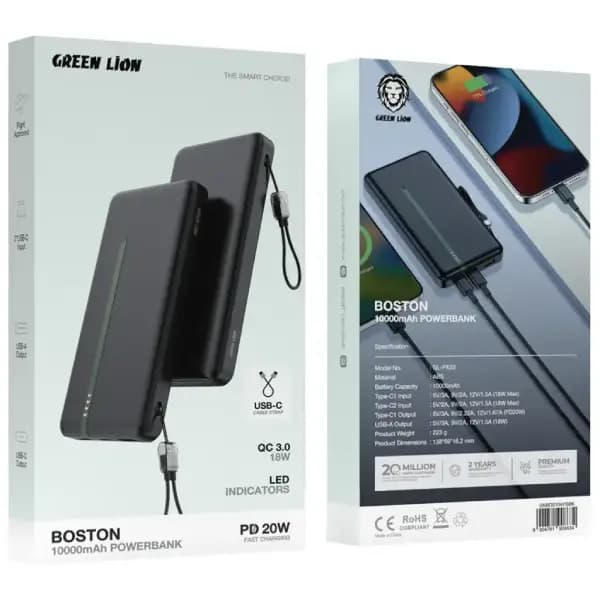 پاوربانک 10000 هزار 20 وات گرین لاین مدل Green Lion Boston 10000 Power Bank PD 20W — تصویر ۳