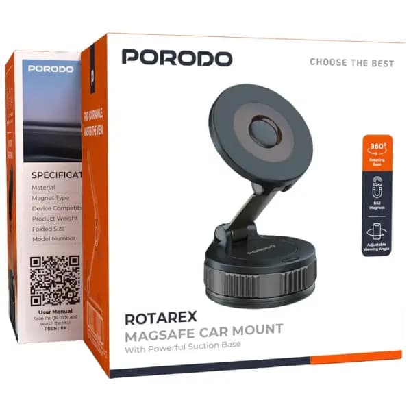 هولدر و نگهدارنده گوشی مغناطیسی خودرو پرودو مدل Porodo Rotarex MagSafe Car Mount with Powerful Suction Base — تصویر ۵