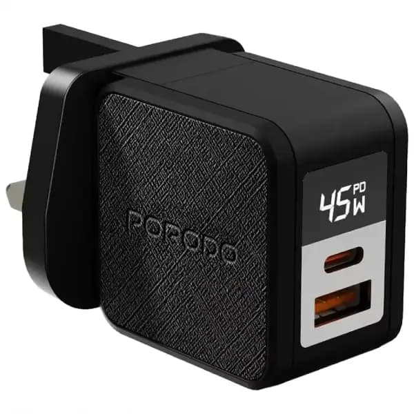 شارژر دیواری 45 وات پرودو مدل Porodo Quantum GaN 45W Multi-Port Charger with Digital Display