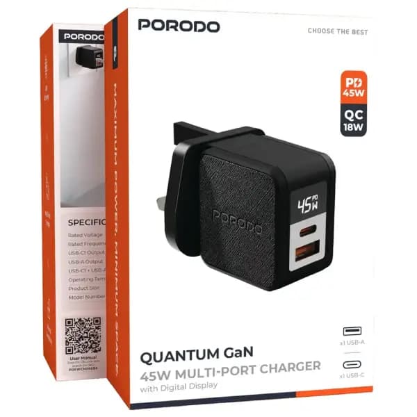شارژر دیواری 45 وات پرودو مدل Porodo Quantum GaN 45W Multi-Port Charger with Digital Display — تصویر ۵
