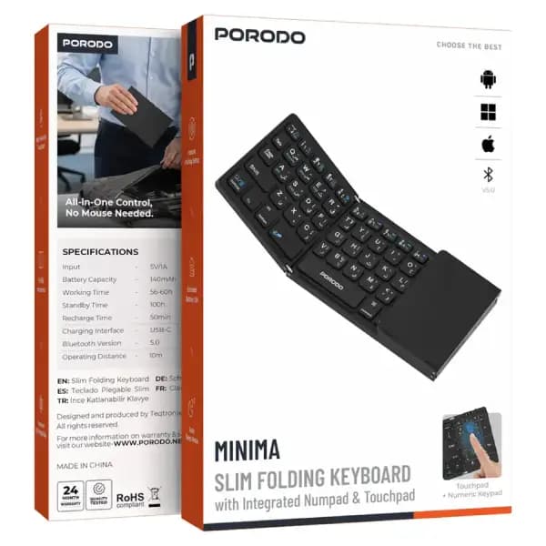 کیبورد تاشو با نام‌پد و تاچ‌پد یکپارچه پرودو مدل Porodo Minima Slim Folding Keyboard With Integrated Numpad & Touchpad — تصویر ۸