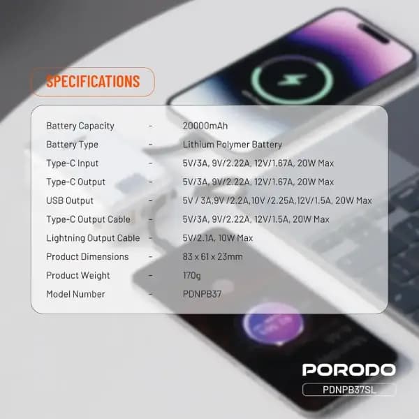 پاوربانک 20000 هزار با کابل های داخلی Type-C و Lightning پرودو مدل Porodo Petite PDNPB37SL — تصویر ۶