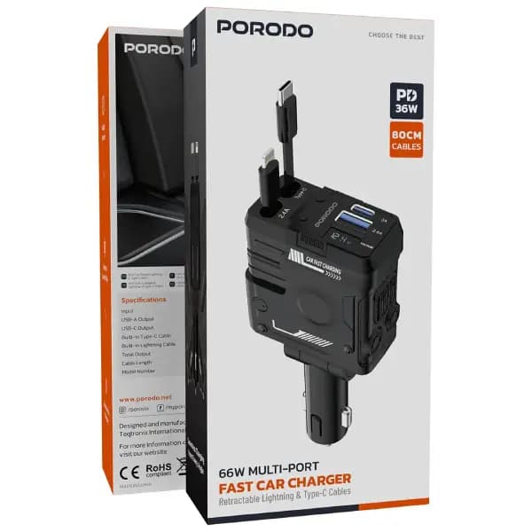 شارژر فندکی 66 وات با کابل‌های لایتنینگ و تایپ‌سی پرودو مدل Porodo 66W Car Charger Lightning & Type-C — تصویر ۵