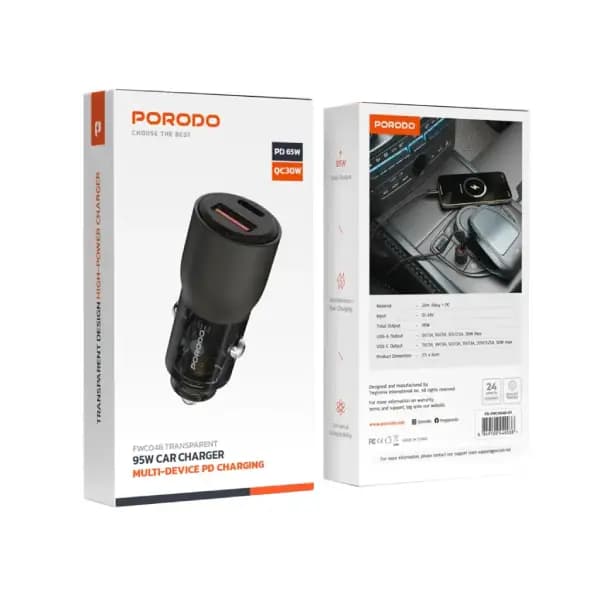 شارژر فندکی خودرو 95 وات پرودو مدل Porodo 95W Car Charger Transparent Multi-Device PD Charging — تصویر ۶