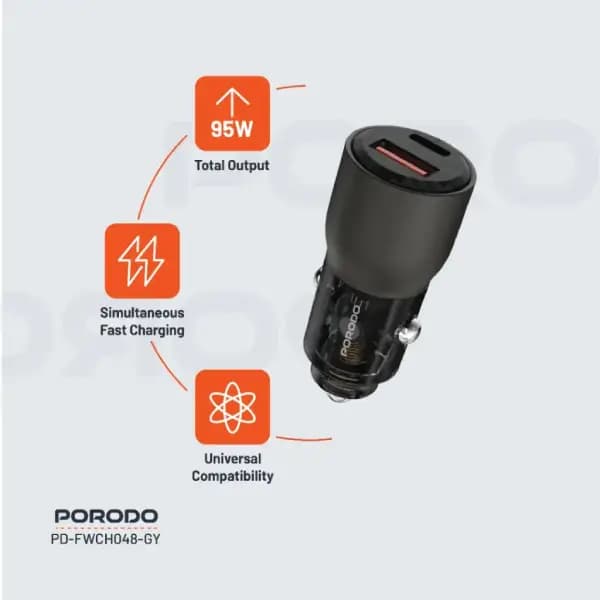 شارژر فندکی خودرو 95 وات پرودو مدل Porodo 95W Car Charger Transparent Multi-Device PD Charging — تصویر ۲
