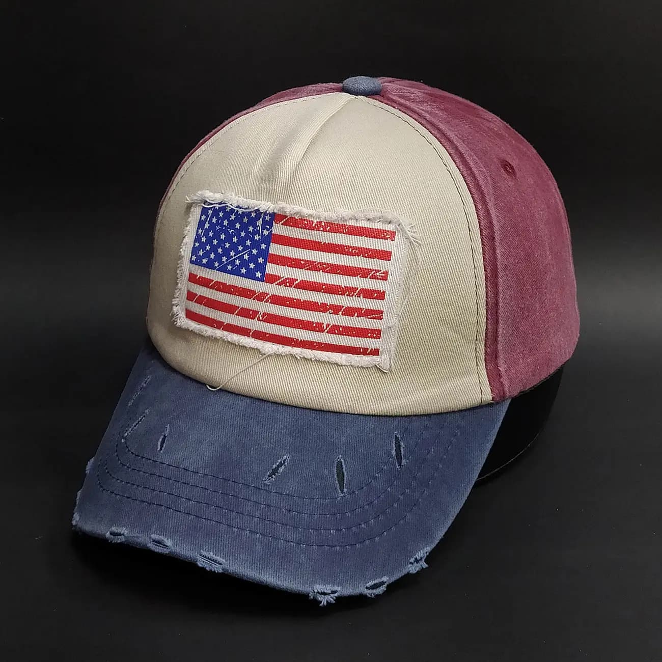 کلاه بیسبالی تاج دار کتان سنگشور زاپ دار American Flag | کلاه وینتیج با وصله پرچم آمریکا — تصویر ۷