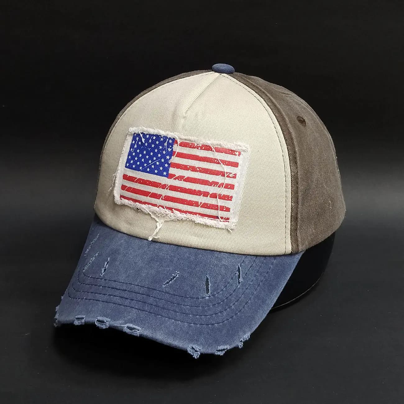 کلاه بیسبالی تاج دار کتان سنگشور زاپ دار American Flag | کلاه وینتیج با وصله پرچم آمریکا — تصویر ۴