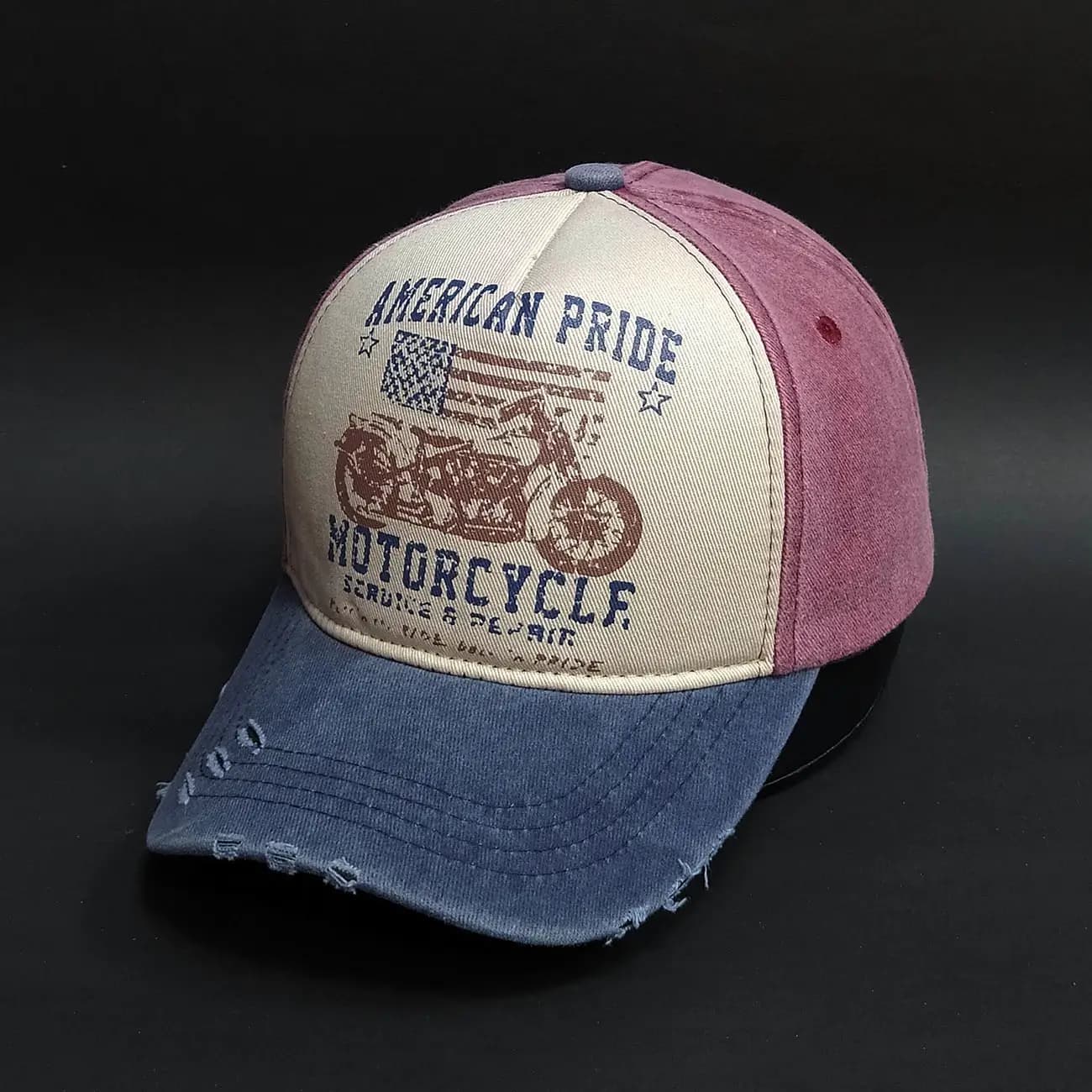 کلاه بیسبالی تاج دار کتان سنگشور زاپ دار AMERICAN PRIDE MOTORCYCLE | کلاه وینتیج طرح موتور و پرچم آمریکا