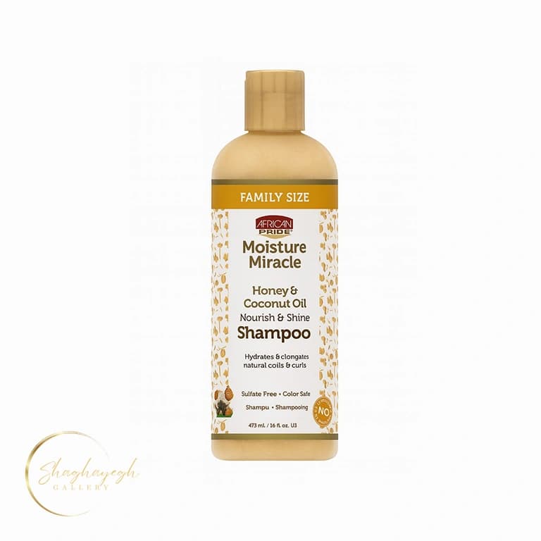 شامپو مغذی و براقکننده آفریکن پراید مدل Moisture Miracle حاوی عسل و روغن نارگیل حجم ۴۷۳ میل