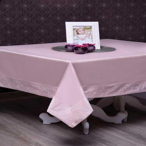 رومیزی ساتن پنبه حاشیه دار 6 نفره مستطیل 180*150 ترمه صورتی