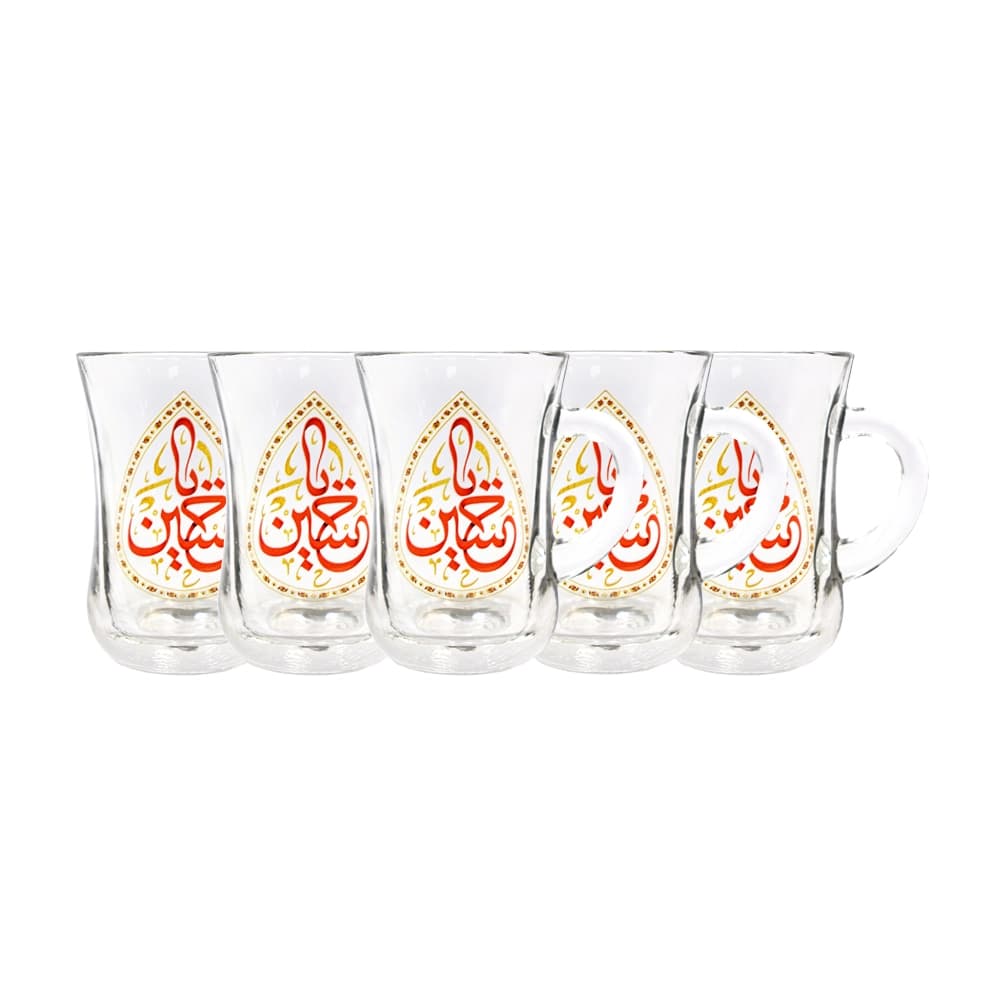 استکان کمر باریک دسته دار محرم یا حسین طرح اشک 6 عددی کد 1879