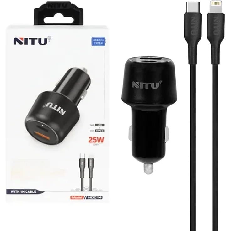 شارژر فندکی فست و PD دو پورت Nitu مدل NDC14 25W همراه با کابل Type-C To Lightning
