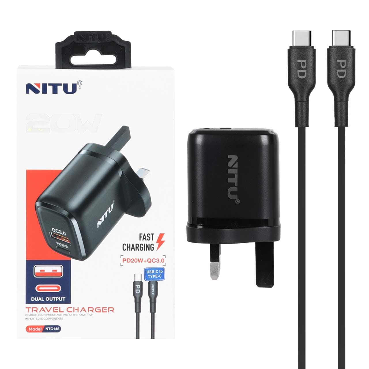 شارژر دیواری فست و PD دو پورت Nitu مدل NTC145 20W همراه با کابل Type-C To Type-C