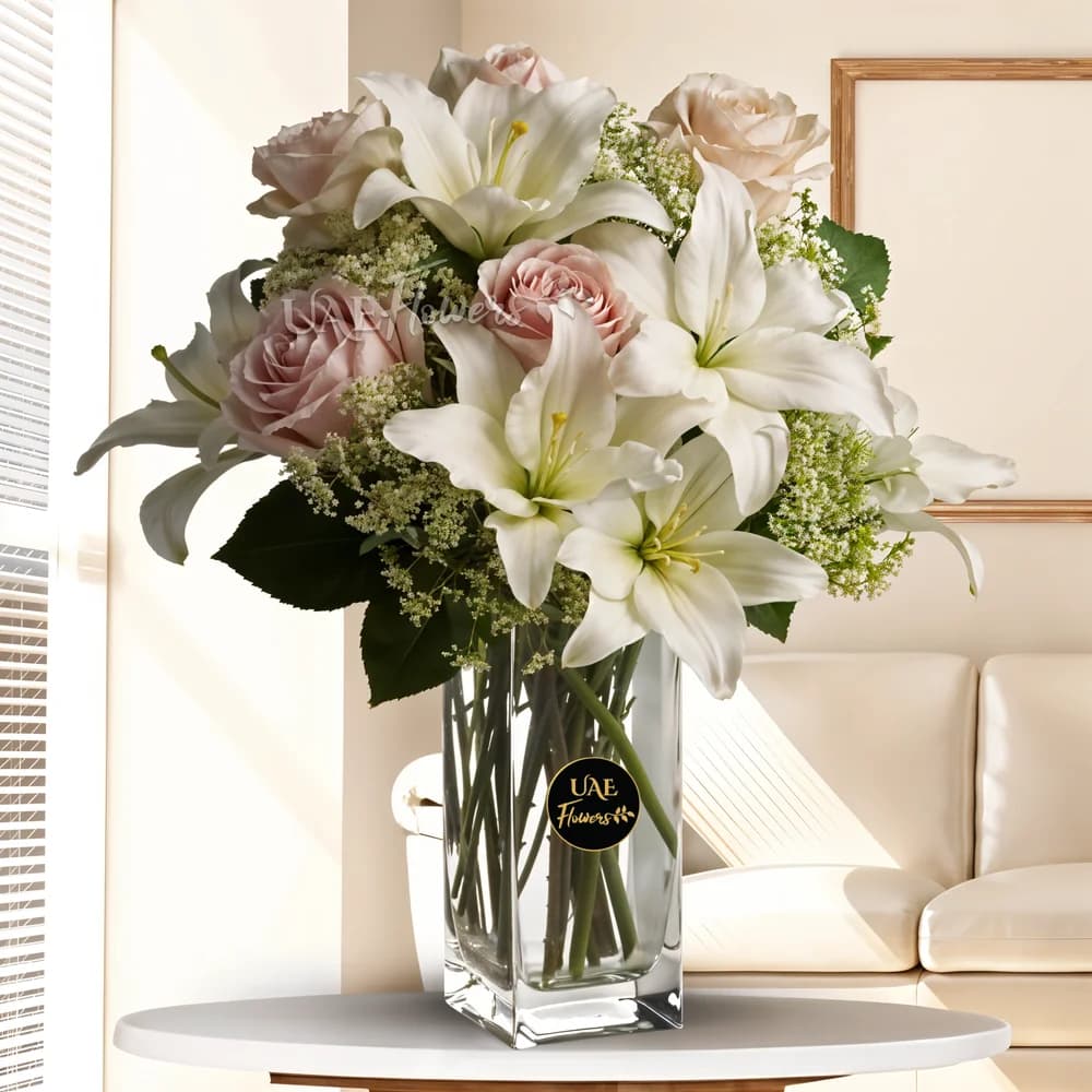 Graceful Lilies & Roses in a Glass Vase