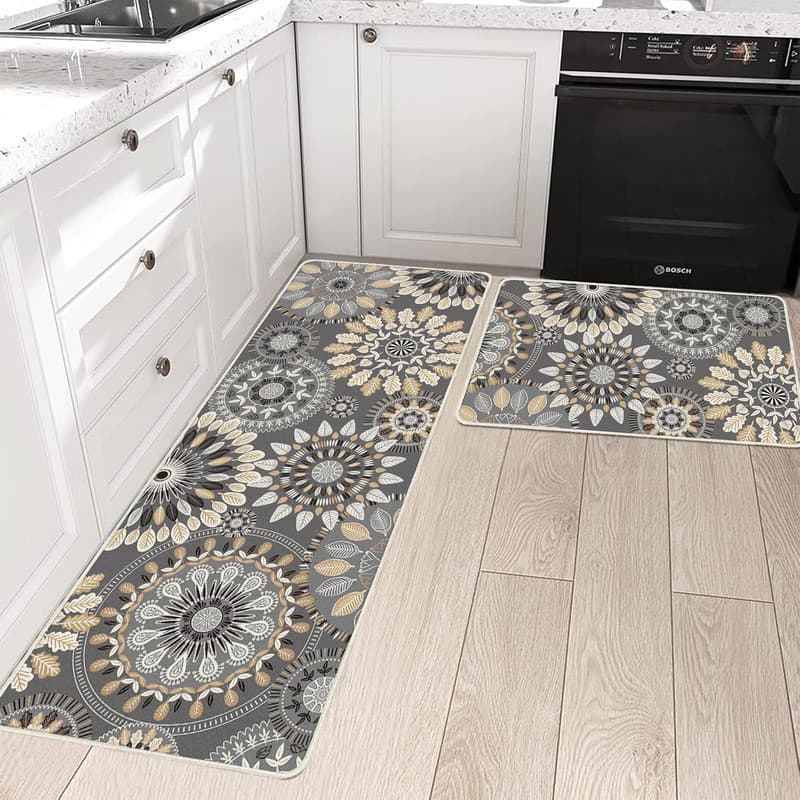 فرش ماشینی 200 شانه زمینه طوسی حاشیه قهوه ای مدل چاپی طرح آشپزخانه اورکوم کد kitchen.5007.01 بسته دو عددی — تصویر ۶