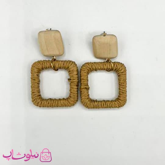 گوشواره فانتزی دخترانه کنفی طرح مربع قهوه ای رنگ کد 145
