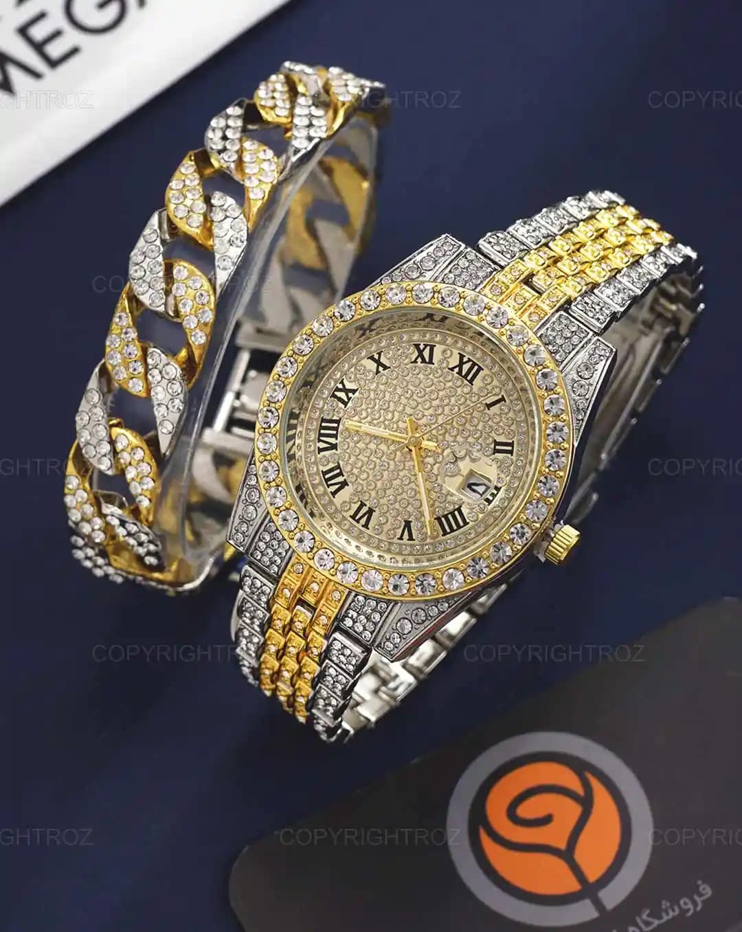 ست ساعت مچی و دستبند مردانه فول نگین رولکس ROLEX مدل 1805 — تصویر ۳