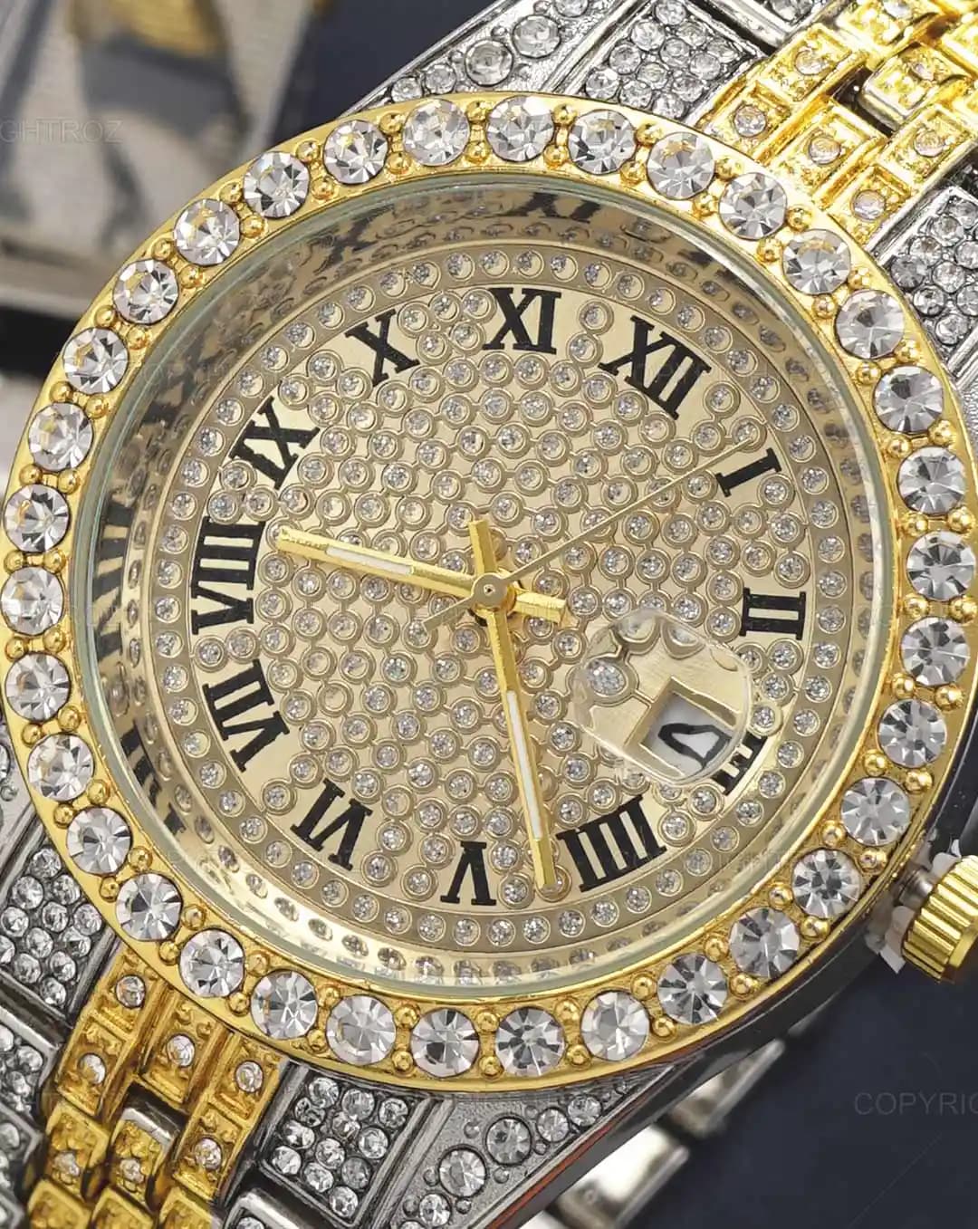 ست ساعت مچی و دستبند مردانه فول نگین رولکس ROLEX مدل 1805 — تصویر ۶