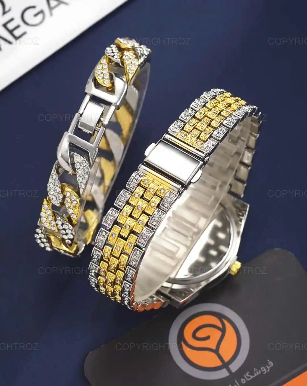 ست ساعت مچی و دستبند مردانه فول نگین رولکس ROLEX مدل 1805 — تصویر ۷