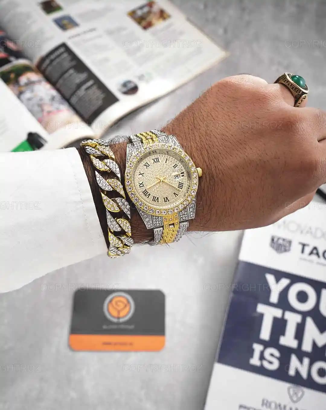 ست ساعت مچی و دستبند مردانه فول نگین رولکس ROLEX مدل 1805 — تصویر ۲