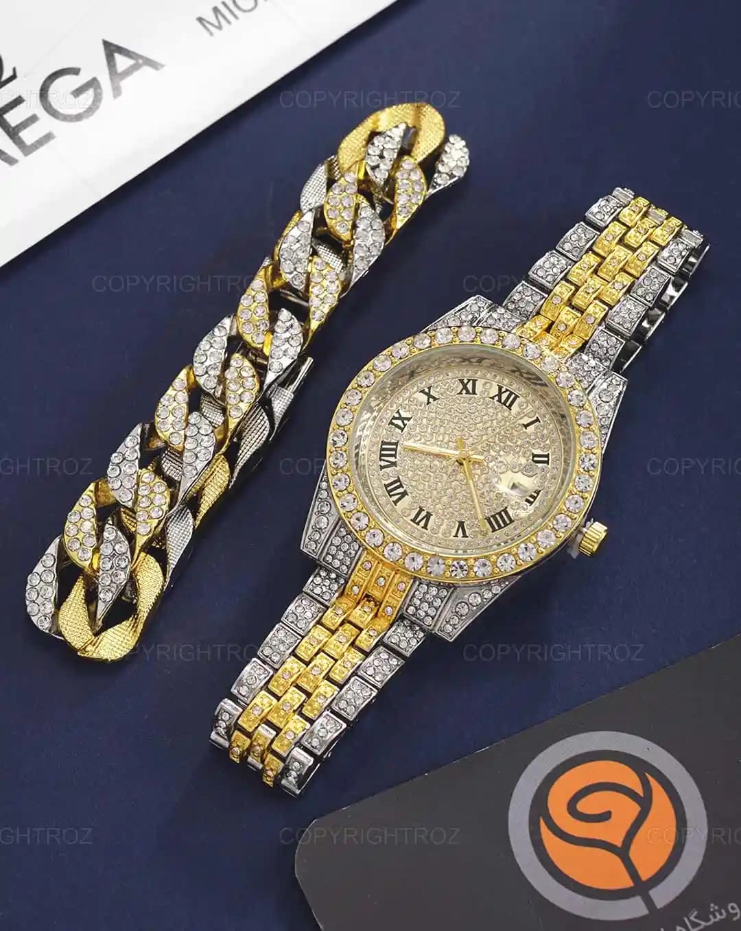ست ساعت مچی و دستبند مردانه فول نگین رولکس ROLEX مدل 1805 — تصویر ۵