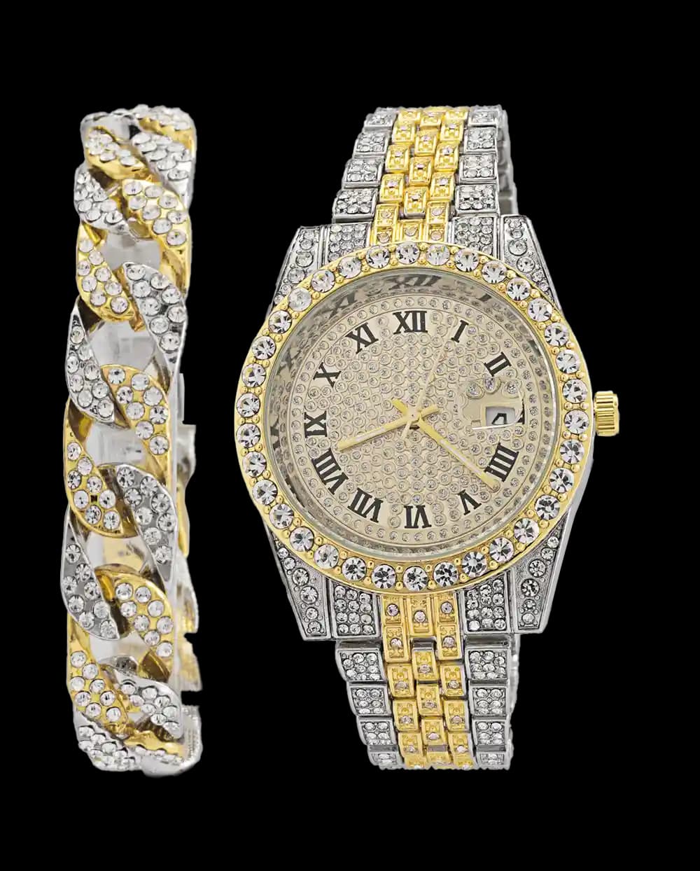 ست ساعت مچی و دستبند مردانه فول نگین رولکس ROLEX مدل 1805