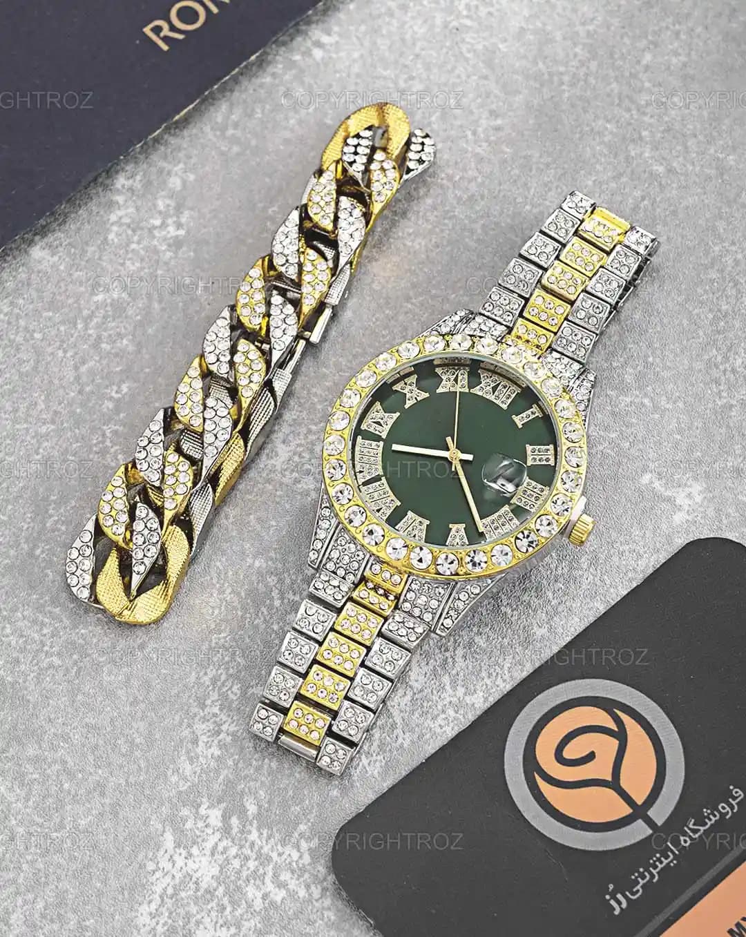 ست ساعت مچی و دستبند مردانه فول نگین رولکس ROLEX مدل 1804 — تصویر ۵