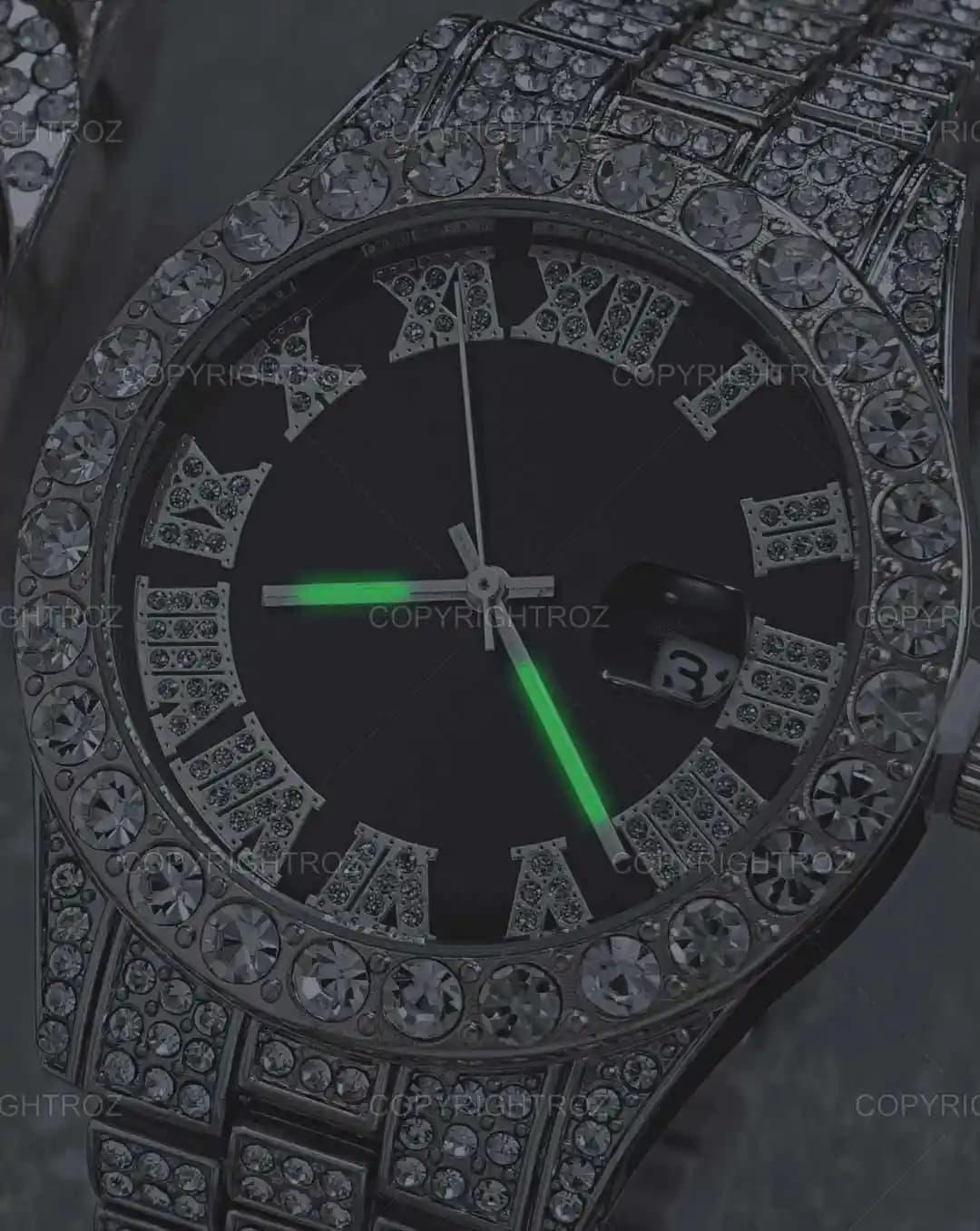 ست ساعت مچی و دستبند مردانه فول نگین رولکس ROLEX مدل 1804 — تصویر ۶