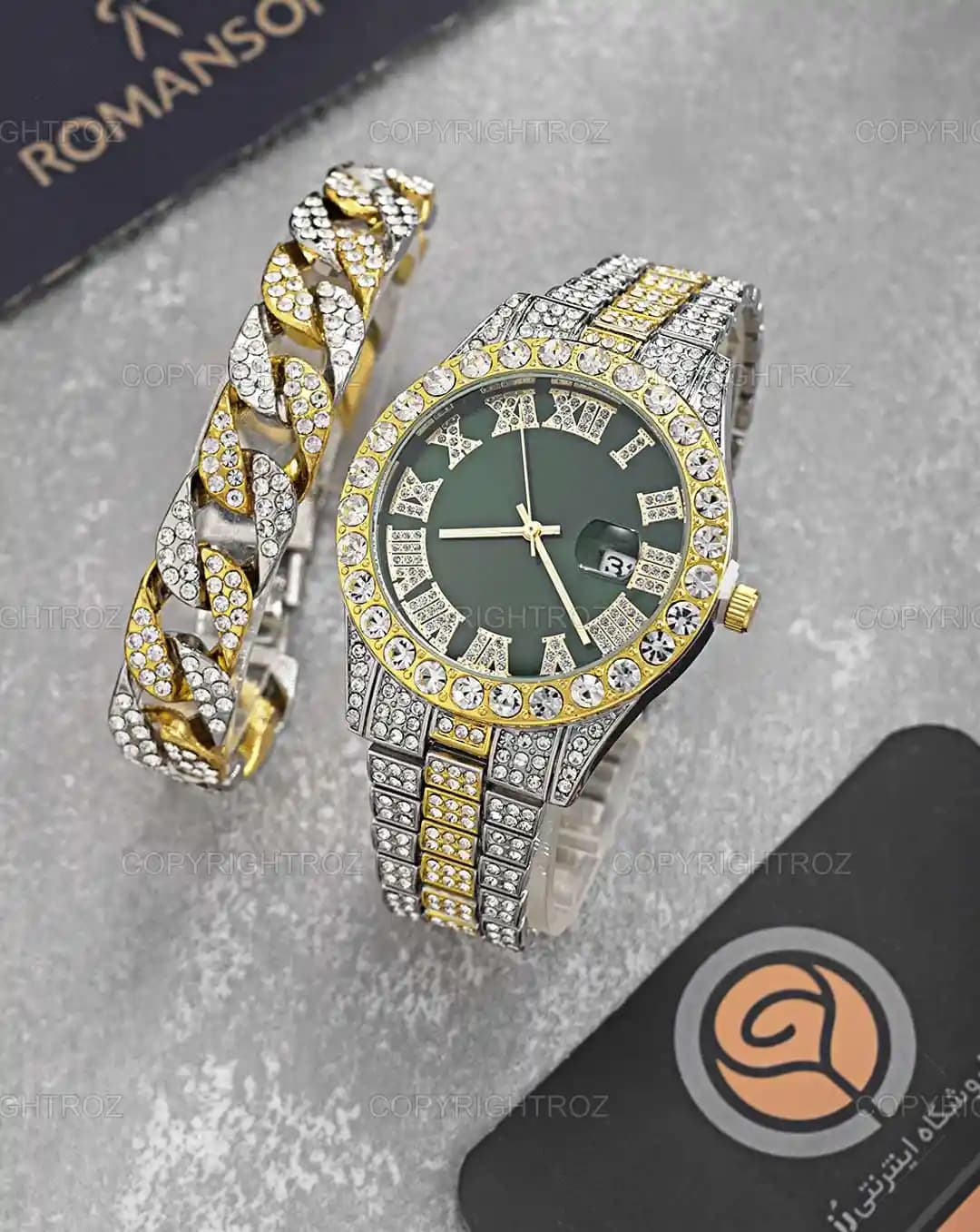 ست ساعت مچی و دستبند مردانه فول نگین رولکس ROLEX مدل 1804 — تصویر ۳