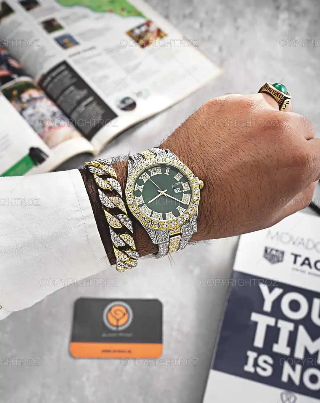 ست ساعت مچی و دستبند مردانه فول نگین رولکس ROLEX مدل 1804 — تصویر ۲