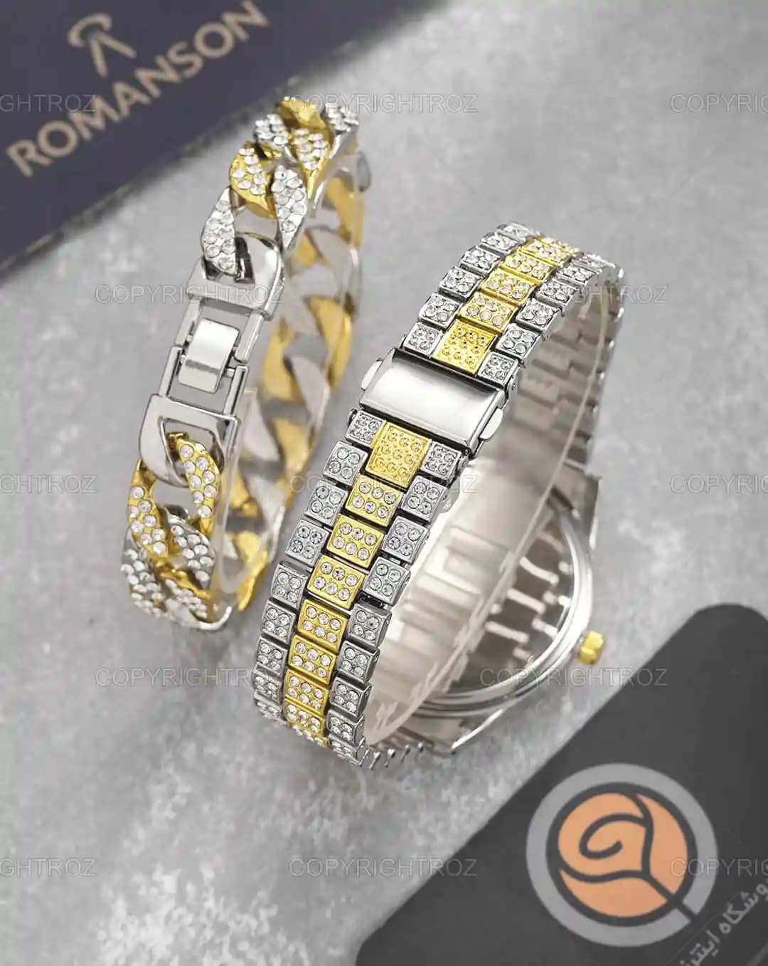 ست ساعت مچی و دستبند مردانه فول نگین رولکس ROLEX مدل 1804 — تصویر ۷