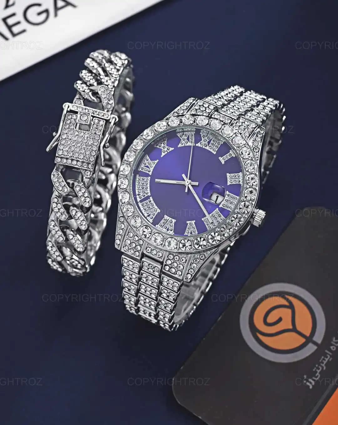 ست ساعت مچی و دستبند مردانه فول نگین رولکس ROLEX مدل 1803 — تصویر ۷