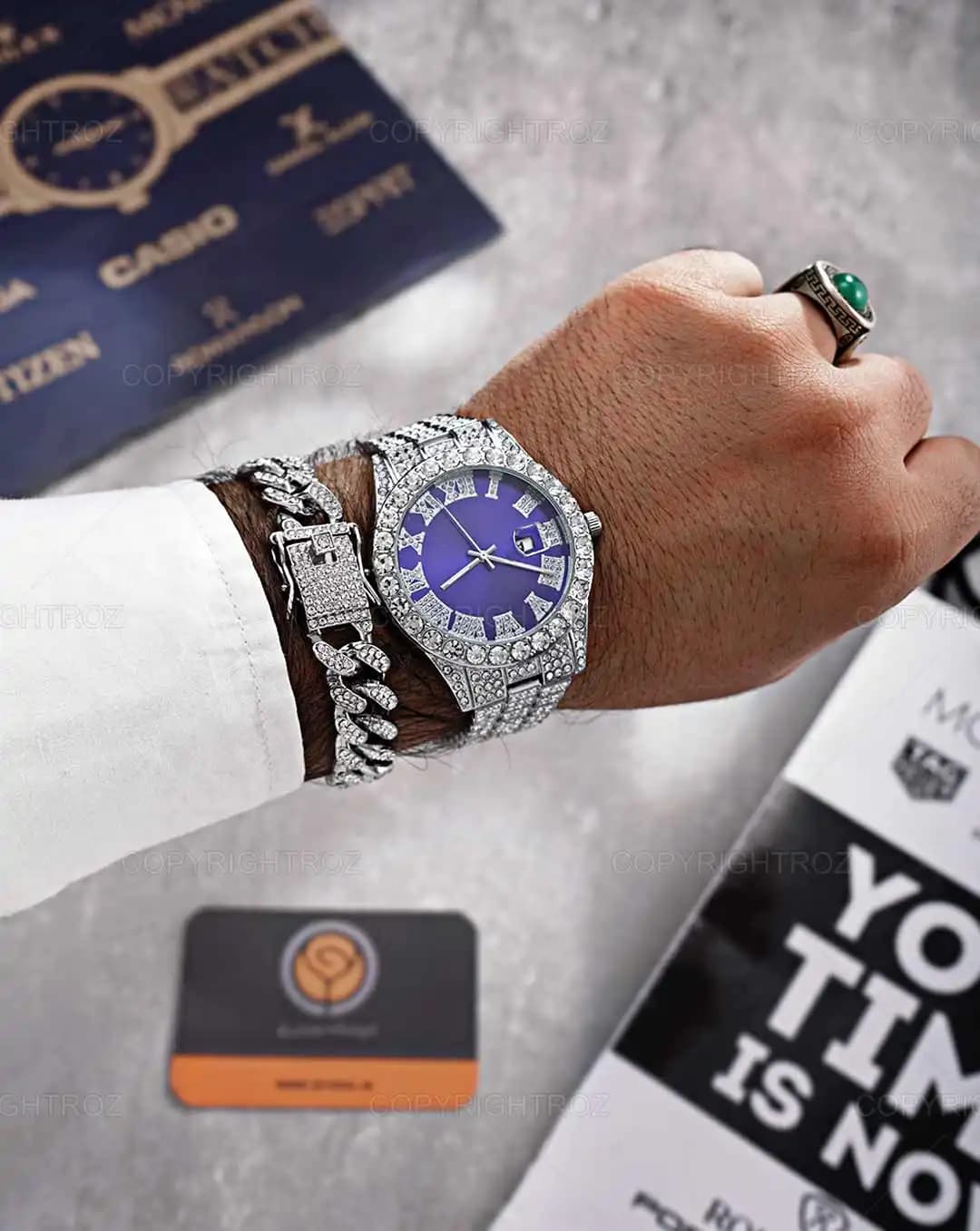 ست ساعت مچی و دستبند مردانه فول نگین رولکس ROLEX مدل 1803 — تصویر ۲