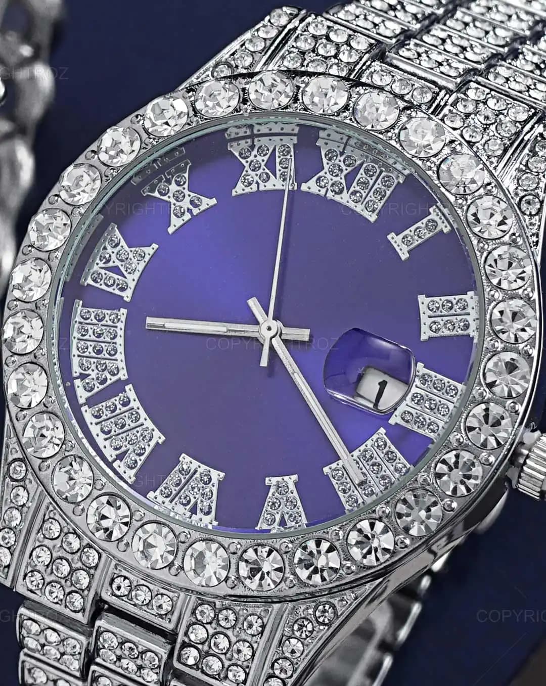 ست ساعت مچی و دستبند مردانه فول نگین رولکس ROLEX مدل 1803 — تصویر ۳